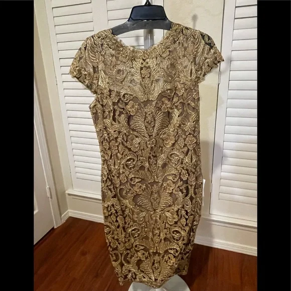 Tadashi Shoji New Gold Womens Size 12 Floral Embroidered Sheath Dress, Women's
